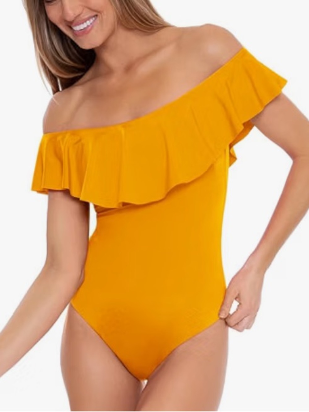 Trina Turk 12 Mellow Yellow Ruffle One Piece Bandeau Swimsuit Off Shoulder